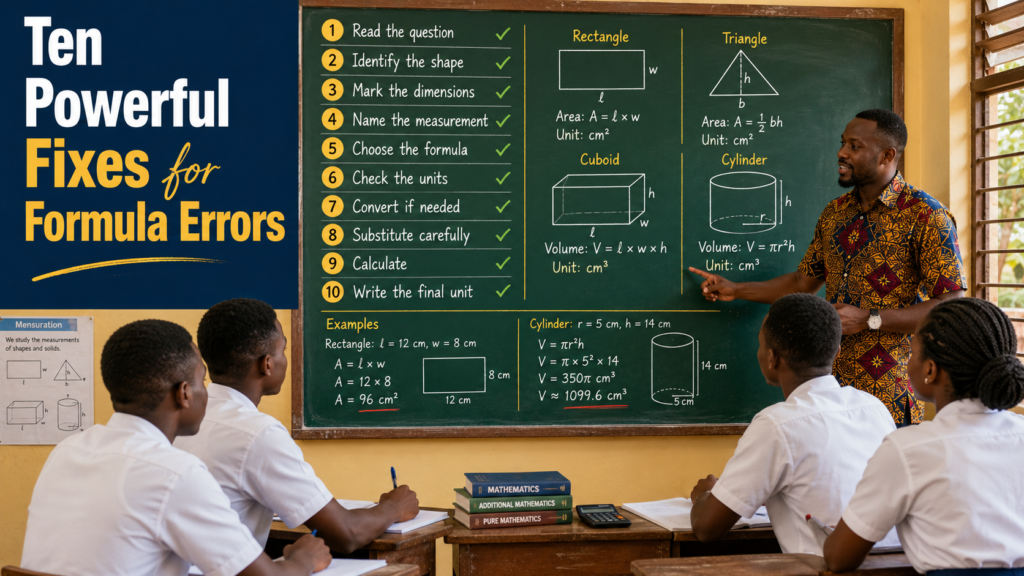 Formula errors in area and volume are corrected through ten practical steps covering shapes, dimensions, formulas, calculations and units.