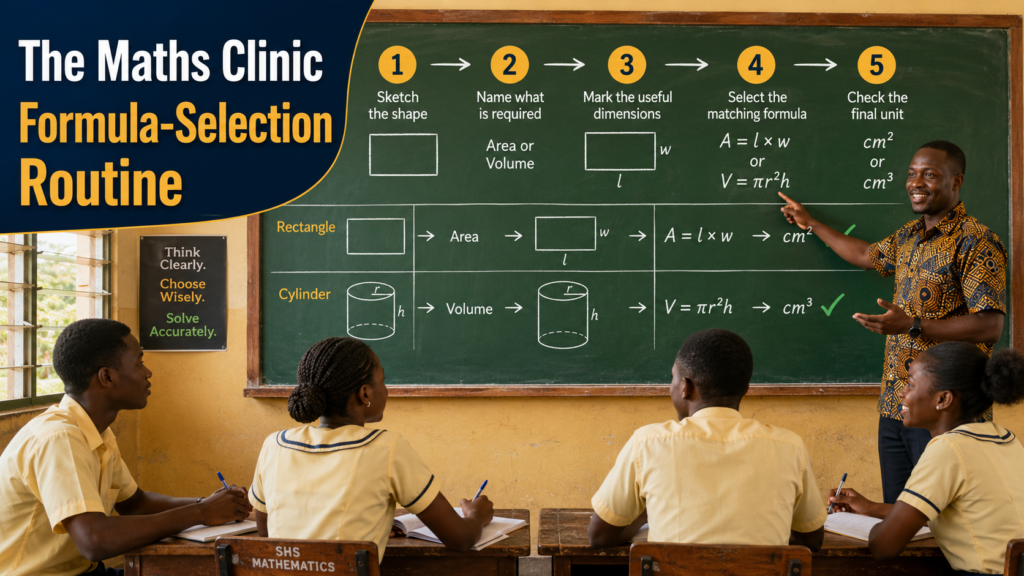 Formula errors in area and volume are corrected with the Maths Clinic routine for identifying shapes, selecting formulas, and checking units.