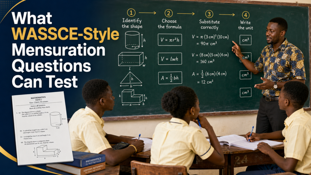 WASSCE-style mensuration questions testing Ghanaian SHS learners on shape identification, formula selection, correct substitution and appropriate units.
