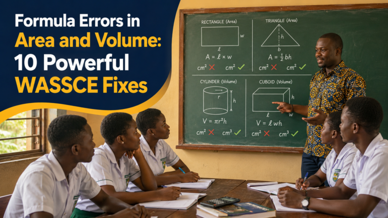 Formula Errors in Area and Volume explained by a Ghanaian mathematics teacher using correct formulas, diagrams and units for WASSCE learners.