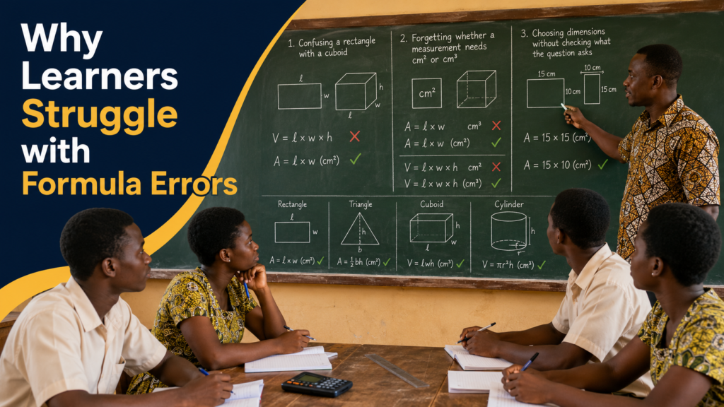 Formula errors in area and volume are explained as Ghanaian SHS learners compare shapes, formulas, dimensions and correct square and cubic units.